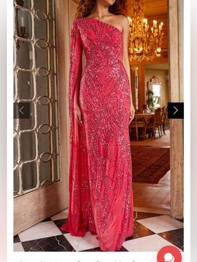 Jovani One-Shoulder Watermelon Beaded Gown